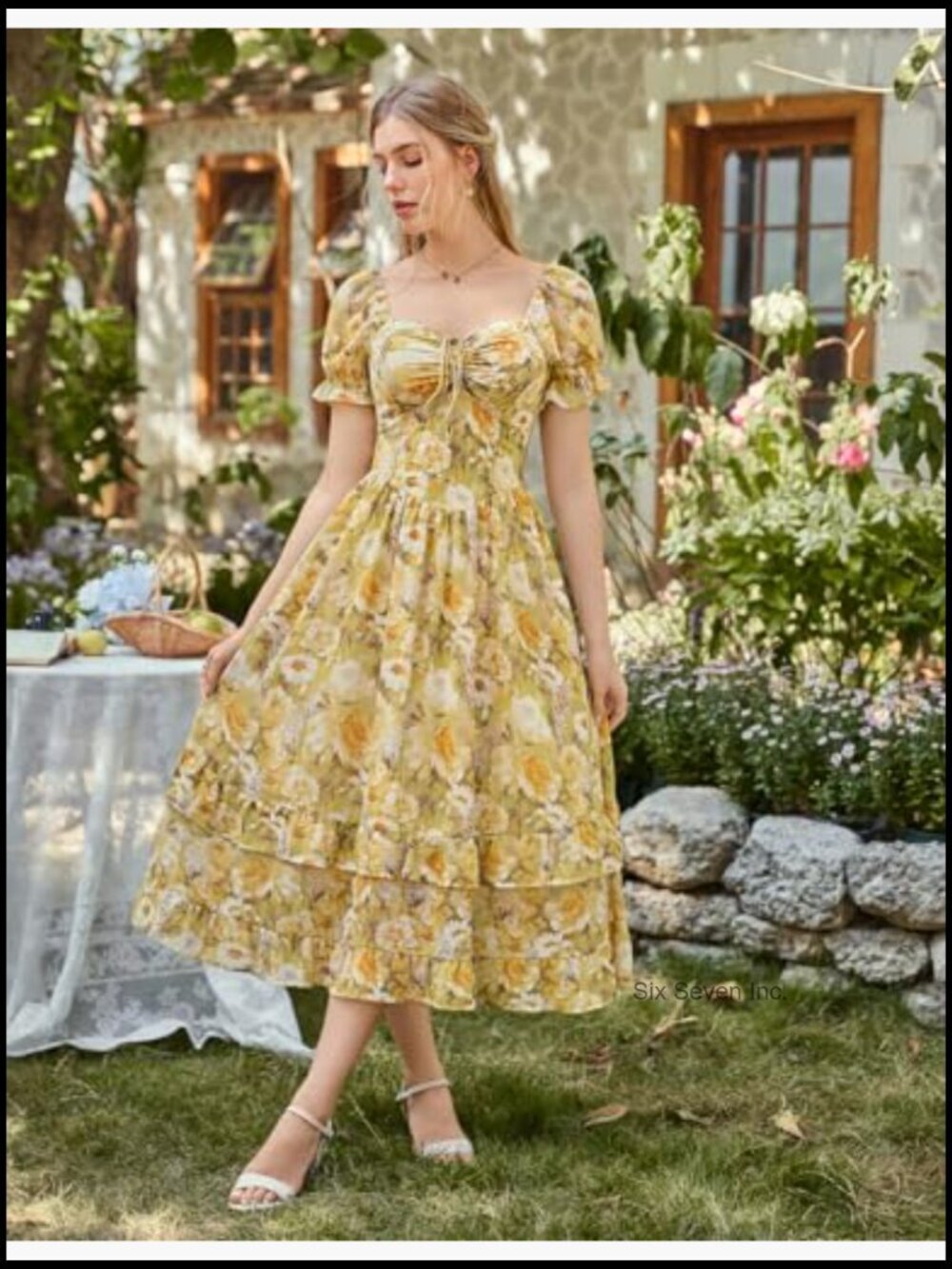 Floral Cottagecore Puff Sleeve Maxi Dress with Corset Waist and Pockets - Picture 2 of 7